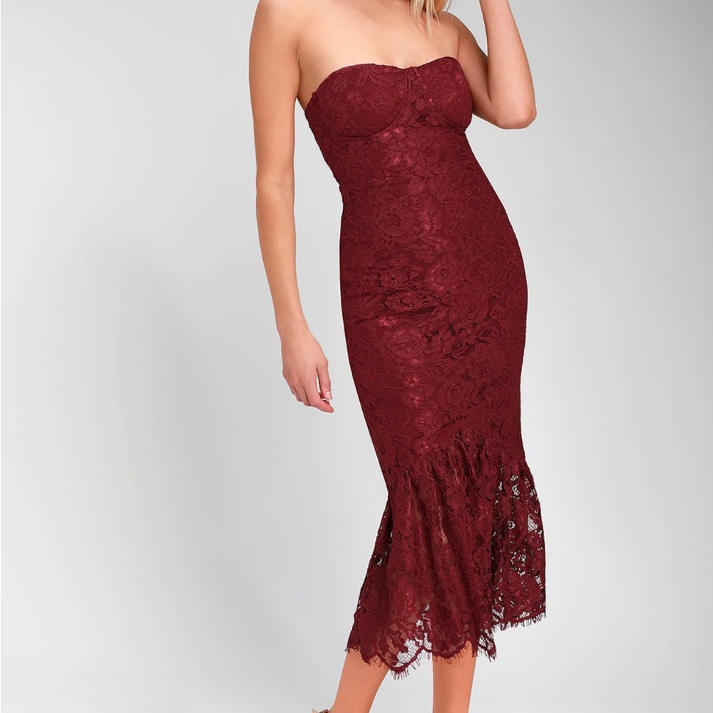 Divine Nights Burgundy Lace Strapless Midi Dress